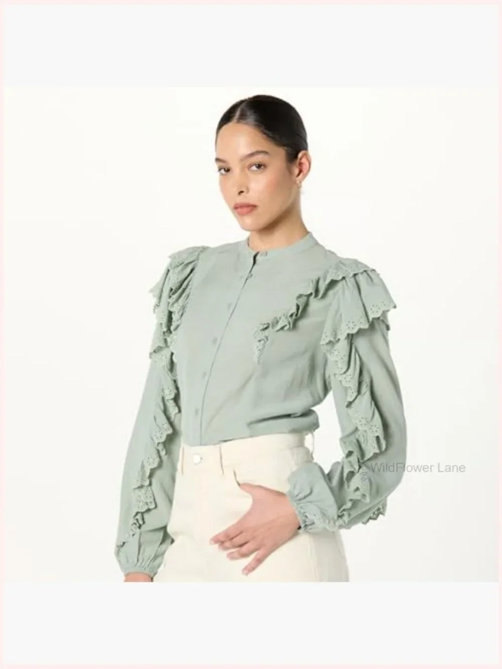 Dramatic Ruffle Sleeve Cotton Blouse - Loose Fit, Button Front - Picture 3 of 7